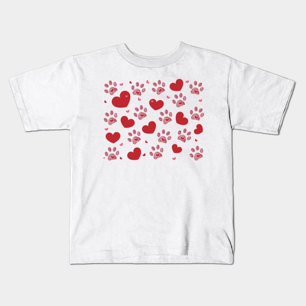 Dog paw print with red hearts Kids T-Shirt by GULSENGUNEL